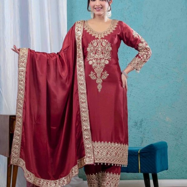 Pure Heavy Chinnon Silk Heavy Embroidery Sequence Work Top Pant Dupatta Set