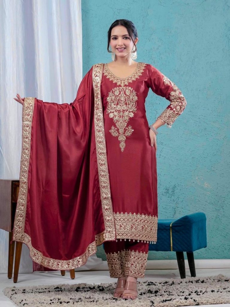 Pure Heavy Chinnon Silk Heavy Embroidery Sequence Work Top Pant Dupatta Set