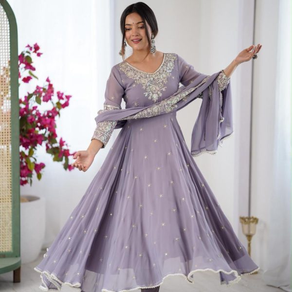 Heavy Blooming Faux Anarkali Gown with Rainbow Sequence Embroidery Bottom & Dupatta