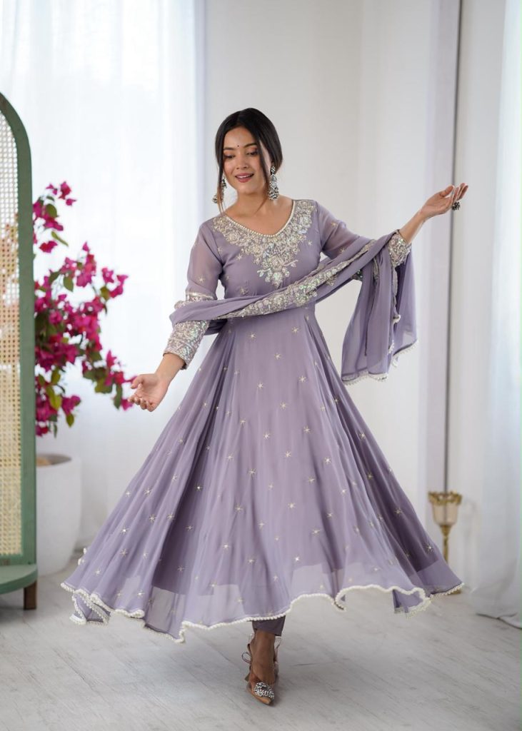Heavy Blooming Faux Anarkali Gown with Rainbow Sequence Embroidery Bottom & Dupatta