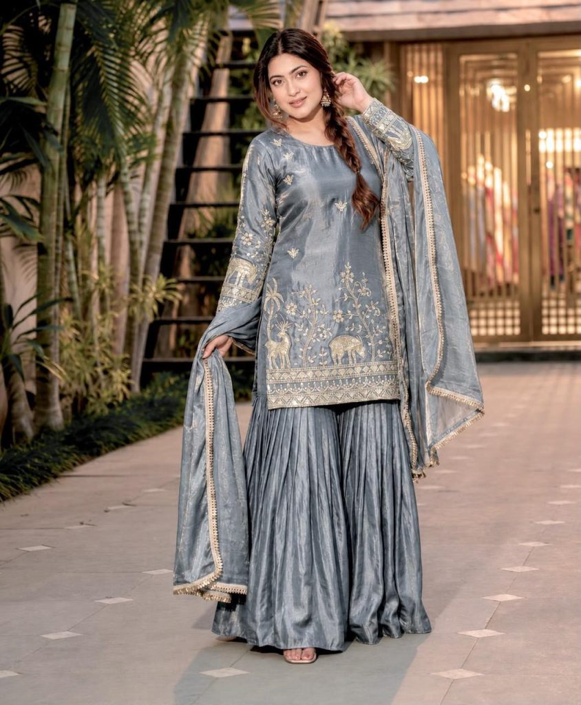 Frendy Silk Heavy Embroidery Sharara Suit Set with Dupatta