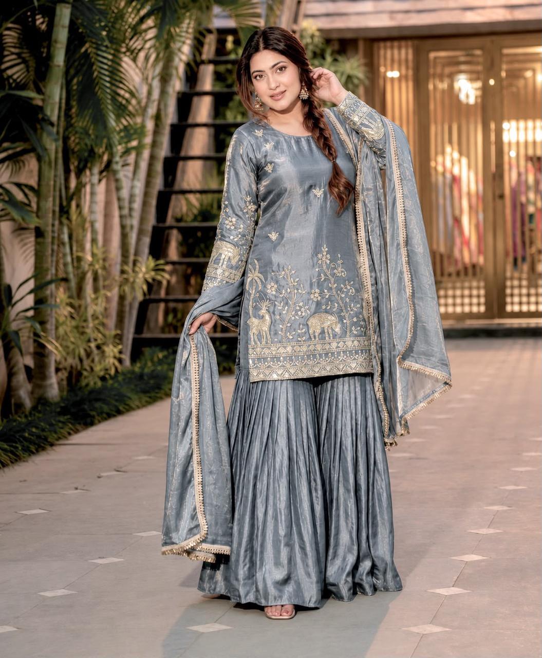 Frendy Silk Heavy Embroidery Sharara Suit Set with Dupatta