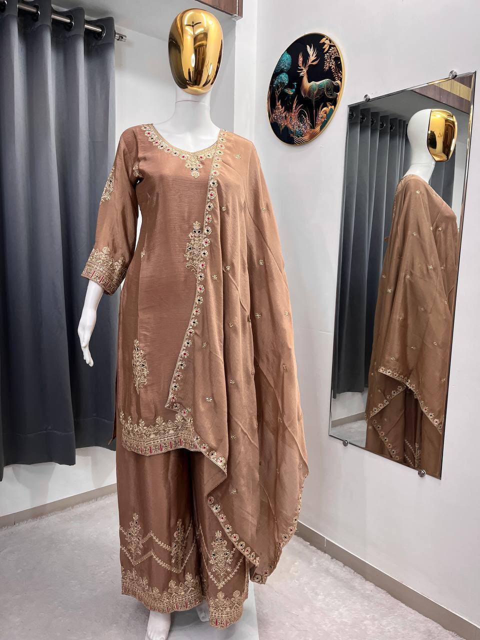 Heavy Embroidery Sequence Work Chinnon Silk Top Plazo Dupatta Set - Image 3