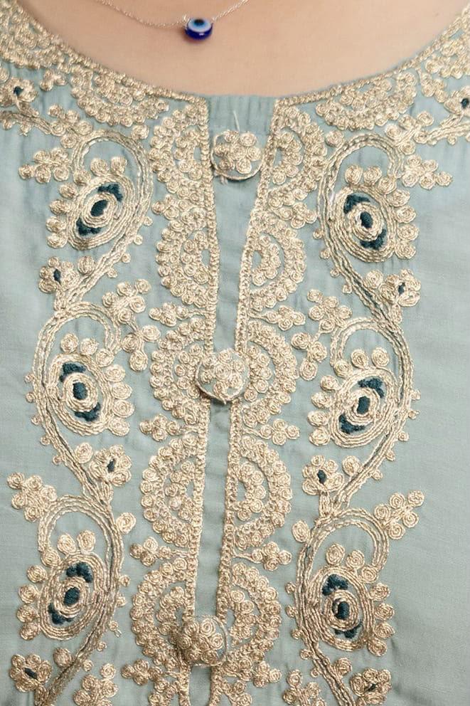 Pure Viscose Chanderi Sequence Coding Embroidery Kurti Pant Dupatta Set - Image 5