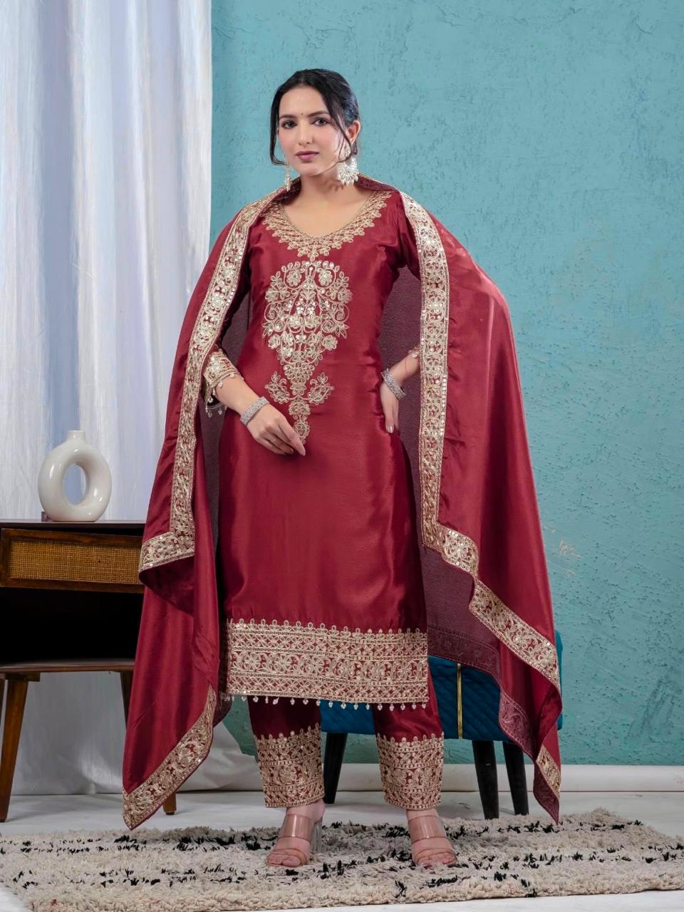 Pure Heavy Chinnon Silk Heavy Embroidery Sequence Work Top Pant Dupatta Set - Image 2
