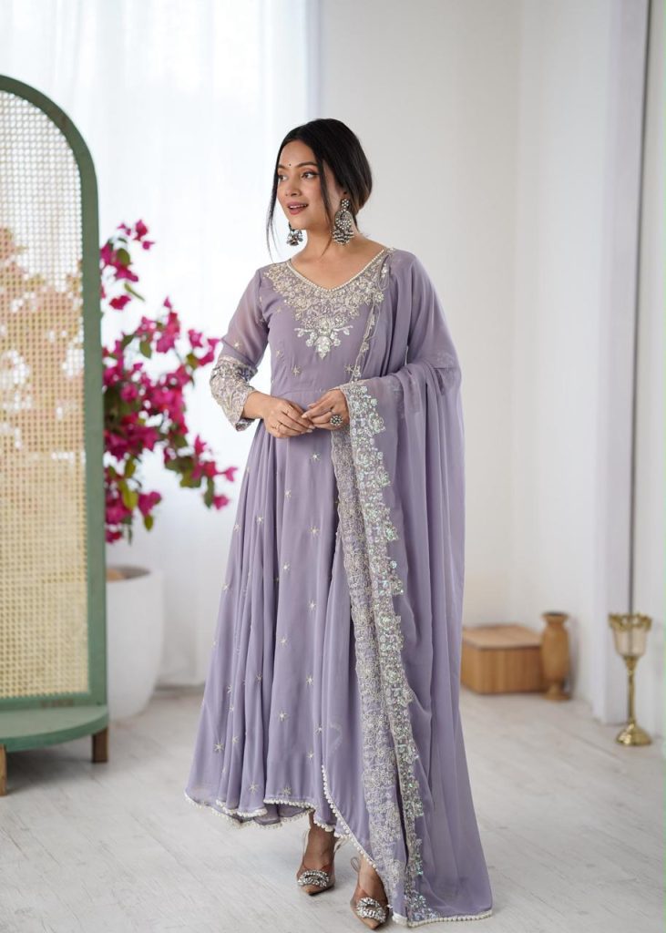 Heavy Blooming Faux Anarkali Gown with Rainbow Sequence Embroidery Bottom & Dupatta