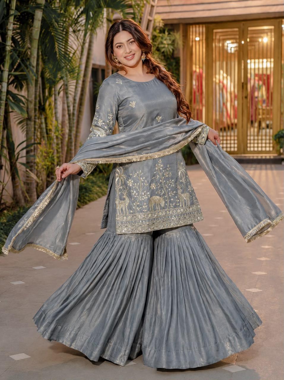 Frendy Silk Heavy Embroidery Sharara Suit Set with Dupatta - Image 4