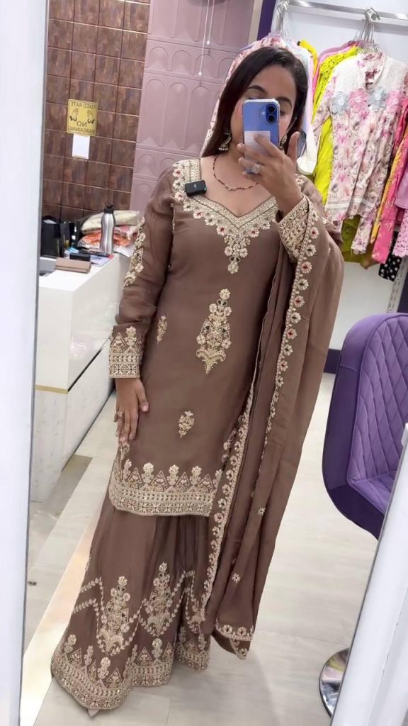 Heavy Embroidery Sequence Work Chinnon Silk Top Plazo Dupatta Set