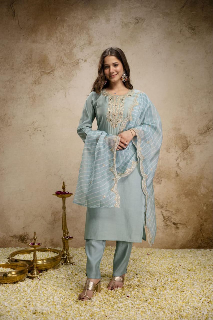 Pure Viscose Chanderi Sequence Coding Embroidery Kurti Pant Dupatta Set - Image 4
