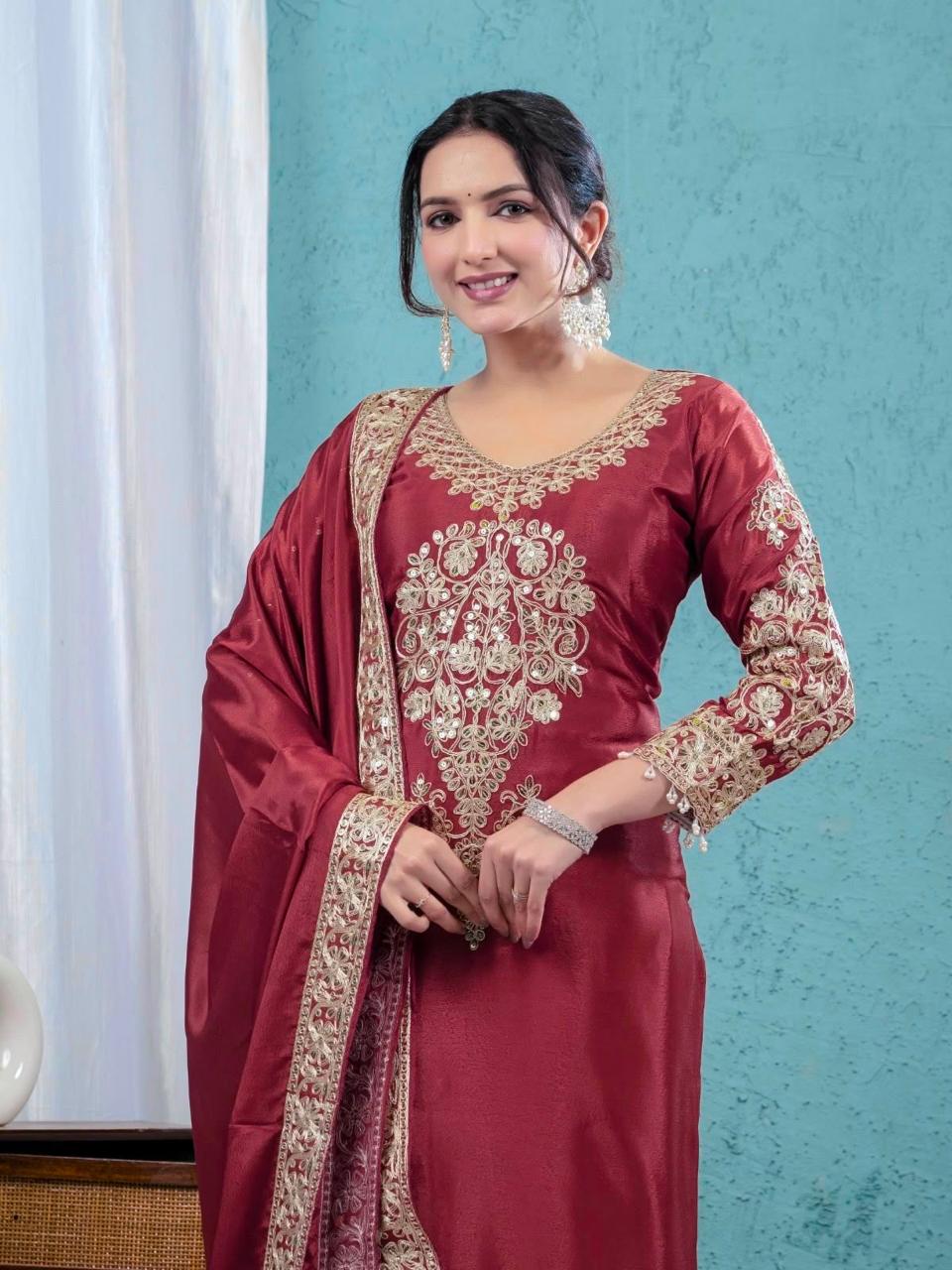 Pure Heavy Chinnon Silk Heavy Embroidery Sequence Work Top Pant Dupatta Set - Image 3