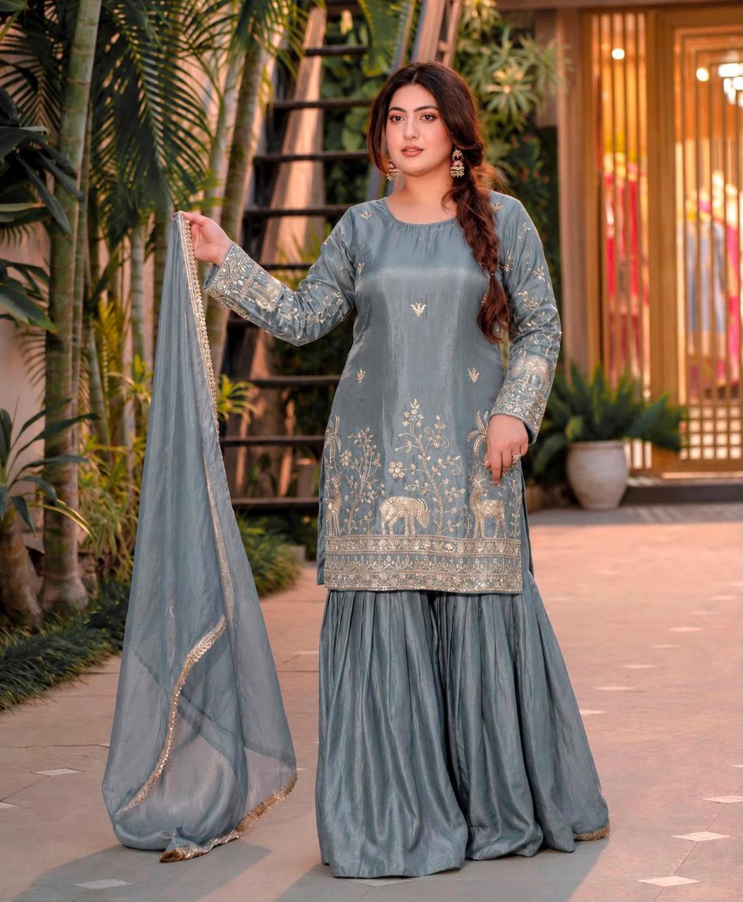 Frendy Silk Heavy Embroidery Sharara Suit Set with Dupatta - Image 3
