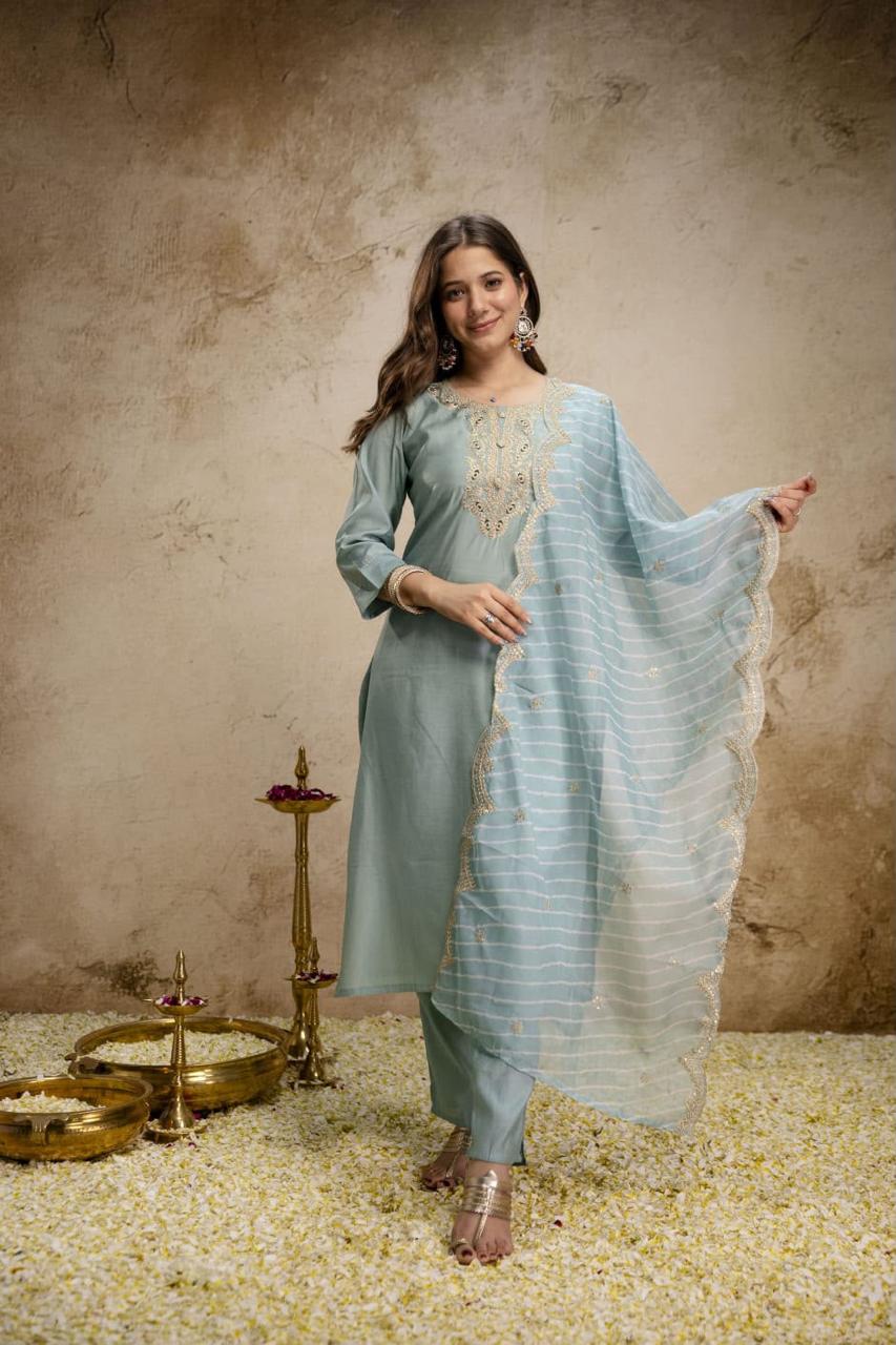 Pure Viscose Chanderi Sequence Coding Embroidery Kurti Pant Dupatta Set - Image 3