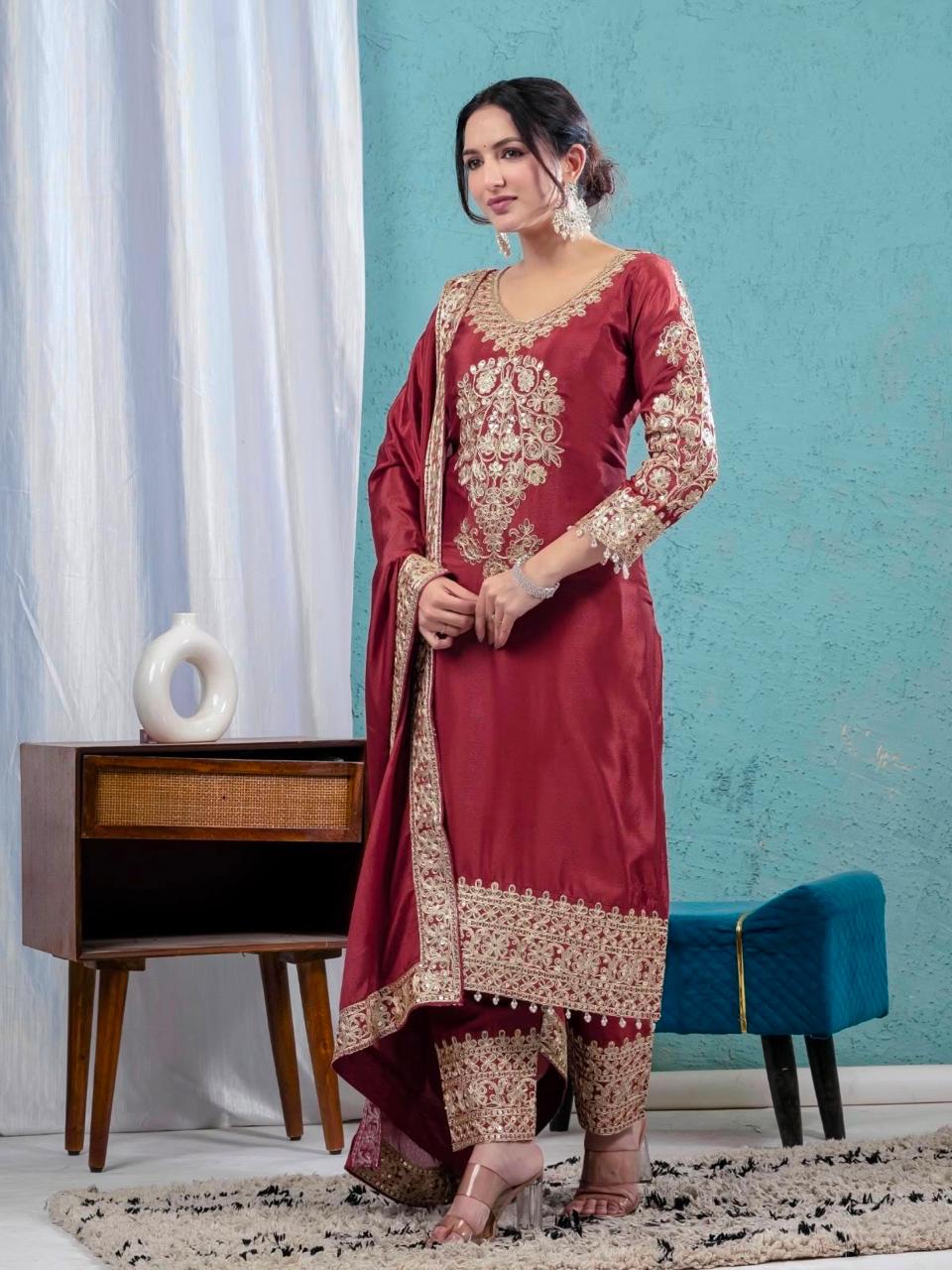Pure Heavy Chinnon Silk Heavy Embroidery Sequence Work Top Pant Dupatta Set - Image 4