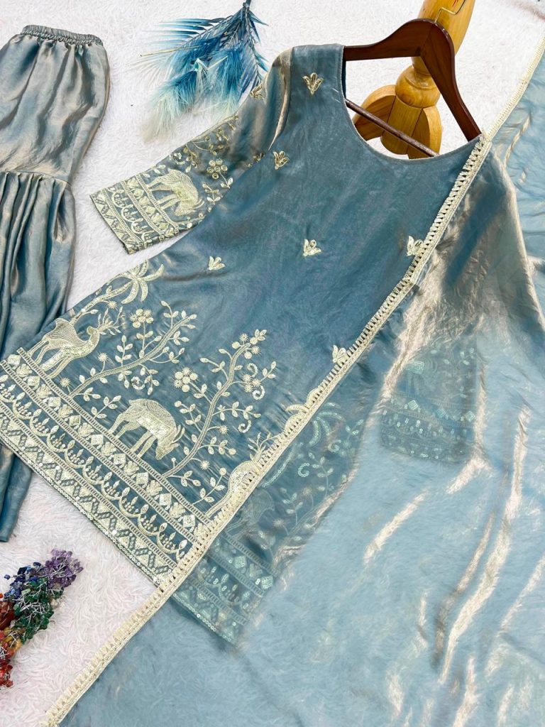 Frendy Silk Heavy Embroidery Sharara Suit Set with Dupatta