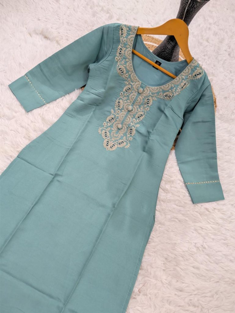Pure Viscose Chanderi Sequence Coding Embroidery Kurti Pant Dupatta Set