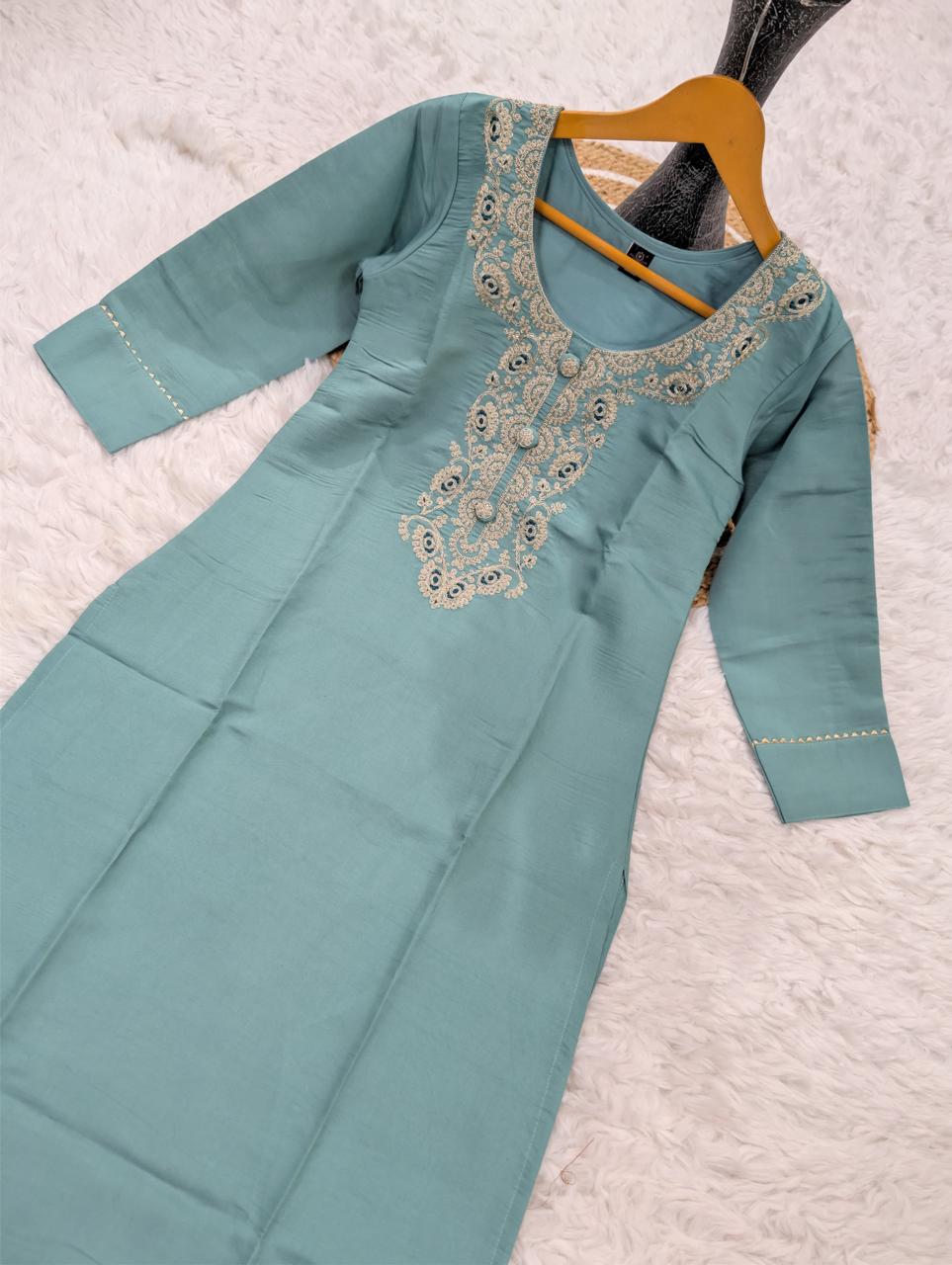 Pure Viscose Chanderi Sequence Coding Embroidery Kurti Pant Dupatta Set - Image 2