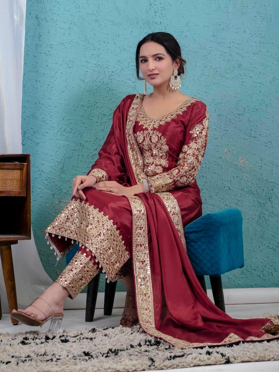Pure Heavy Chinnon Silk Heavy Embroidery Sequence Work Top Pant Dupatta Set - Image 5