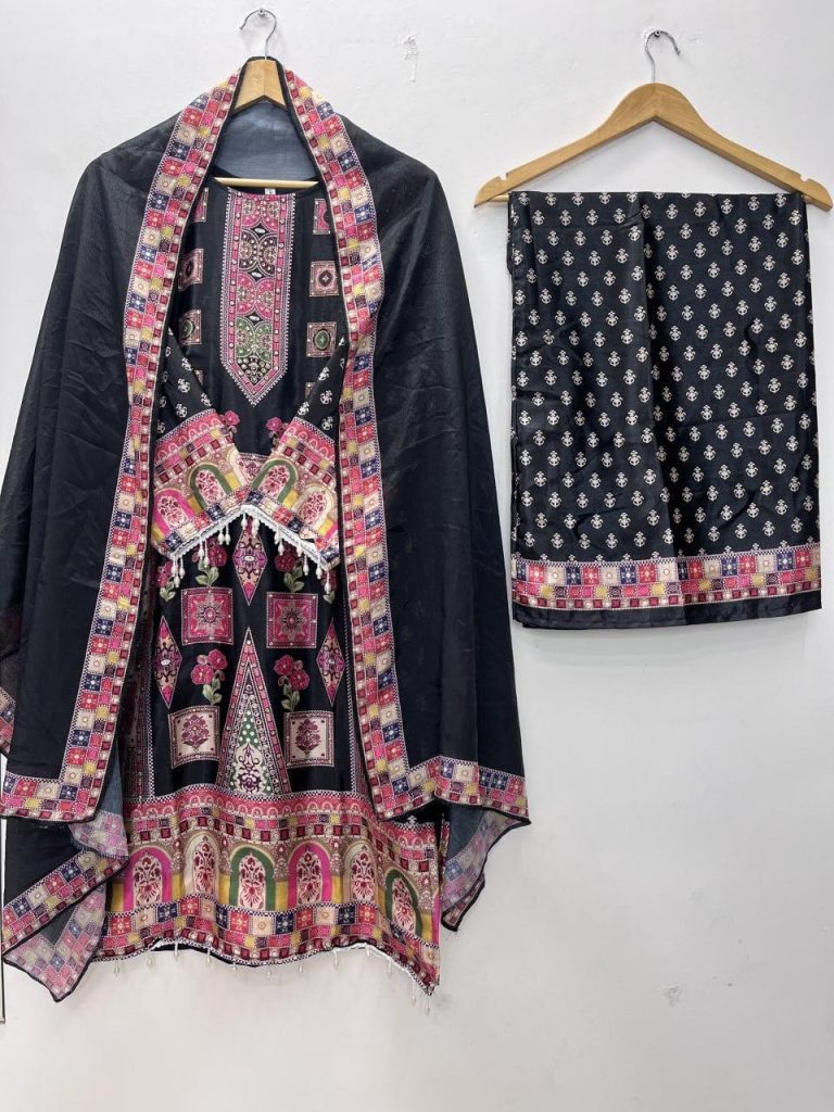 Chinnon Silk Digital Print Heavy Stone Work Top Pant Dupatta Set